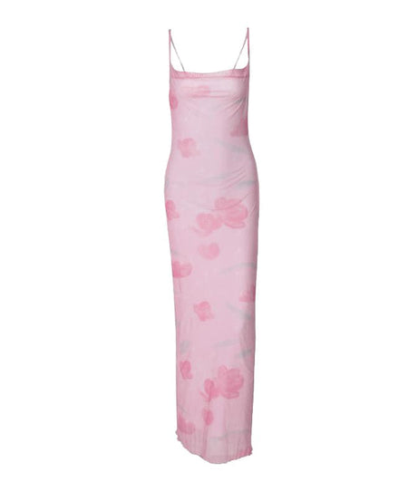 Dreamy Pink Floral Mesh Maxi Slip Dress | Knotted Backless | Perfect for Fall Vacations & Holiday Events