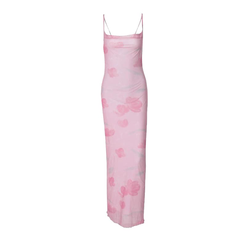 Dreamy Pink Floral Mesh Maxi Slip Dress | Knotted Backless | Perfect for Fall Vacations & Holiday Events