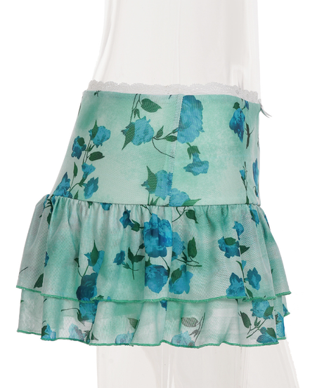 Y2K Coquette Blue Floral Ruffle Mini Skirt - Lace Trim & Bow Detail for Flirty Fall Style