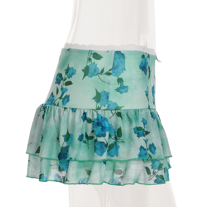 Y2K Coquette Blue Floral Ruffle Mini Skirt - Lace Trim & Bow Detail for Flirty Fall Style
