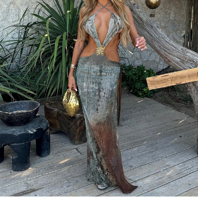 Twilight Bloom Halter Cut-Out Maxi Dress - Fall Gala & Party Ready