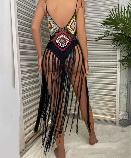 Vibrant Boho Crochet Fringe Maxi Dress - Chic Resort & Tropical Getaway Essential