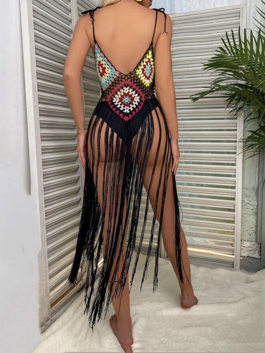Vibrant Boho Crochet Fringe Maxi Dress - Chic Resort & Tropical Getaway Essential