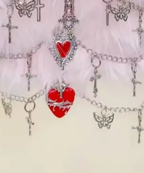 Gothic Glam Fluffy Tube Top | Edgy Cross & Heart Chain Bustier for Halloween & Fall Nights