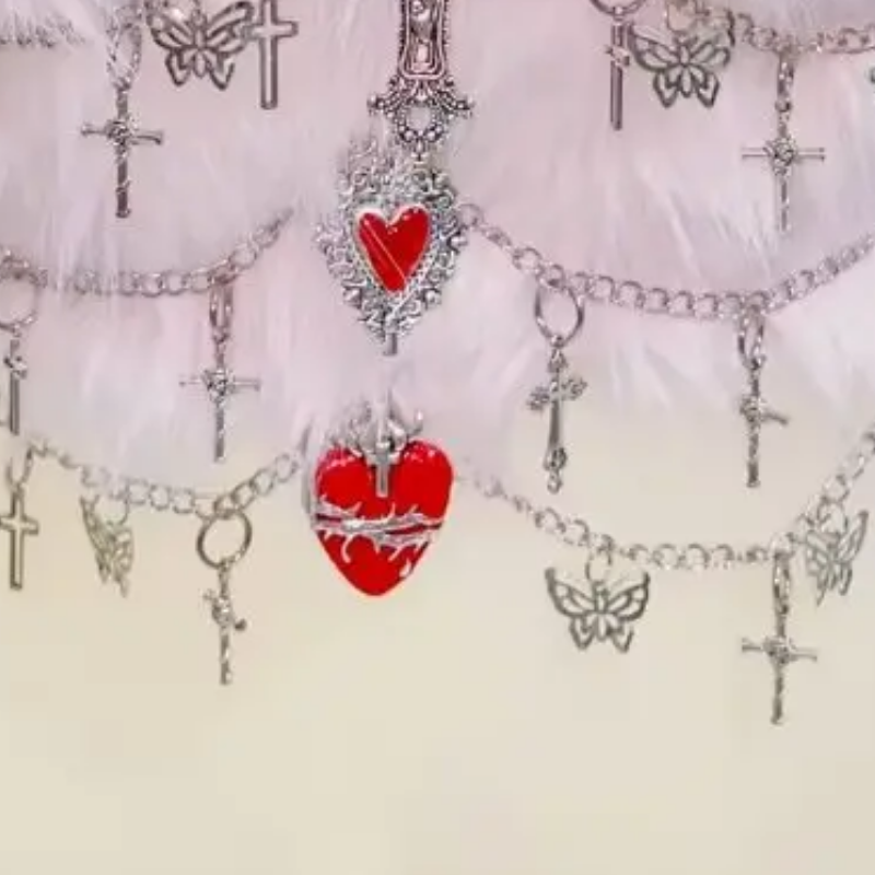 Gothic Glam Fluffy Tube Top | Edgy Cross & Heart Chain Bustier for Halloween & Fall Nights