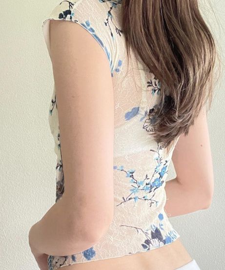 Y2K Chic Blue Floral V-Neck Crop Top - Delicate Cap Sleeve Blouse for Effortless Fall Layering