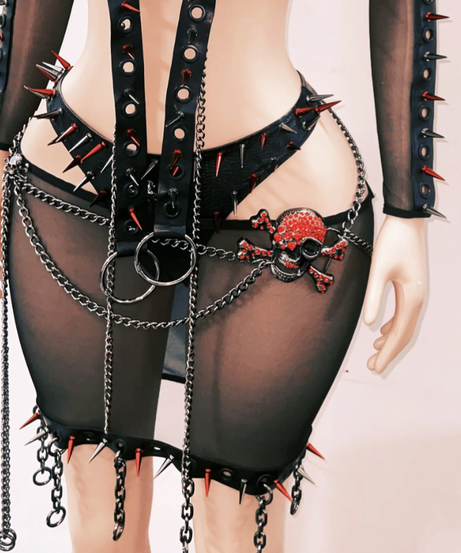 Fierce Spiked Chains & Skull Mini Dress - Ultimate Halloween & Gothic Clubwear