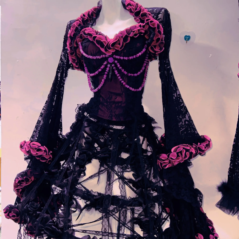Enchanting Black & Pink Gothic 3-Piece Set: Corset, Ruffled Skirt & Lace Shrug - Perfect for Halloween & Fall Events