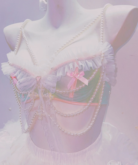 Enchanted Pearl & Ruffle Bralette Top – Whimsical Coquette Chic for Your Halloween & Holiday Glam