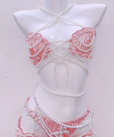 Iridescent Pink Pearl Halter Mini Skirt Set – Dazzling Coquette & Halloween Party Glam
