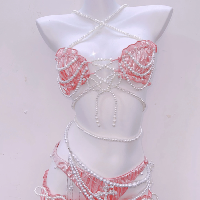 Iridescent Pink Pearl Halter Mini Skirt Set – Dazzling Coquette & Halloween Party Glam