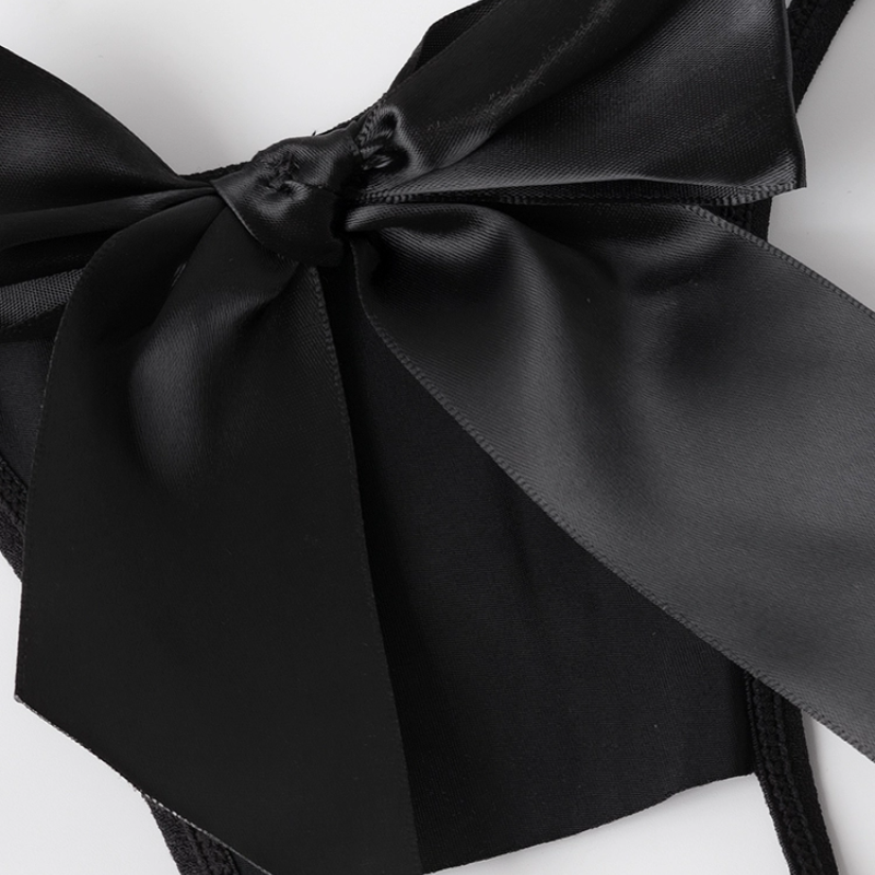 Enchanting Black Satin Bow Open Crotch Thong - Adjustable Fit for Autumn Nights