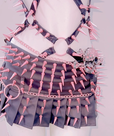 Pink & Black Spiked Skull Harness Top & Pleated Mini Skirt Set | Edgy Halloween, Rave & Alt Clubwear