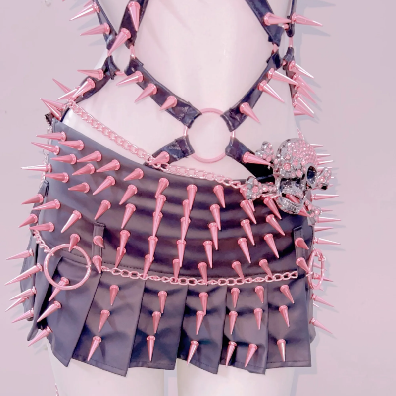 Pink & Black Spiked Skull Harness Top & Pleated Mini Skirt Set | Edgy Halloween, Rave & Alt Clubwear