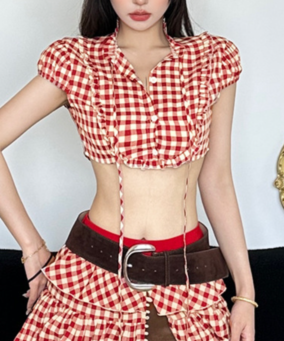 Red Gingham Ruffle Crop Top - Fall Festival & Western Chic