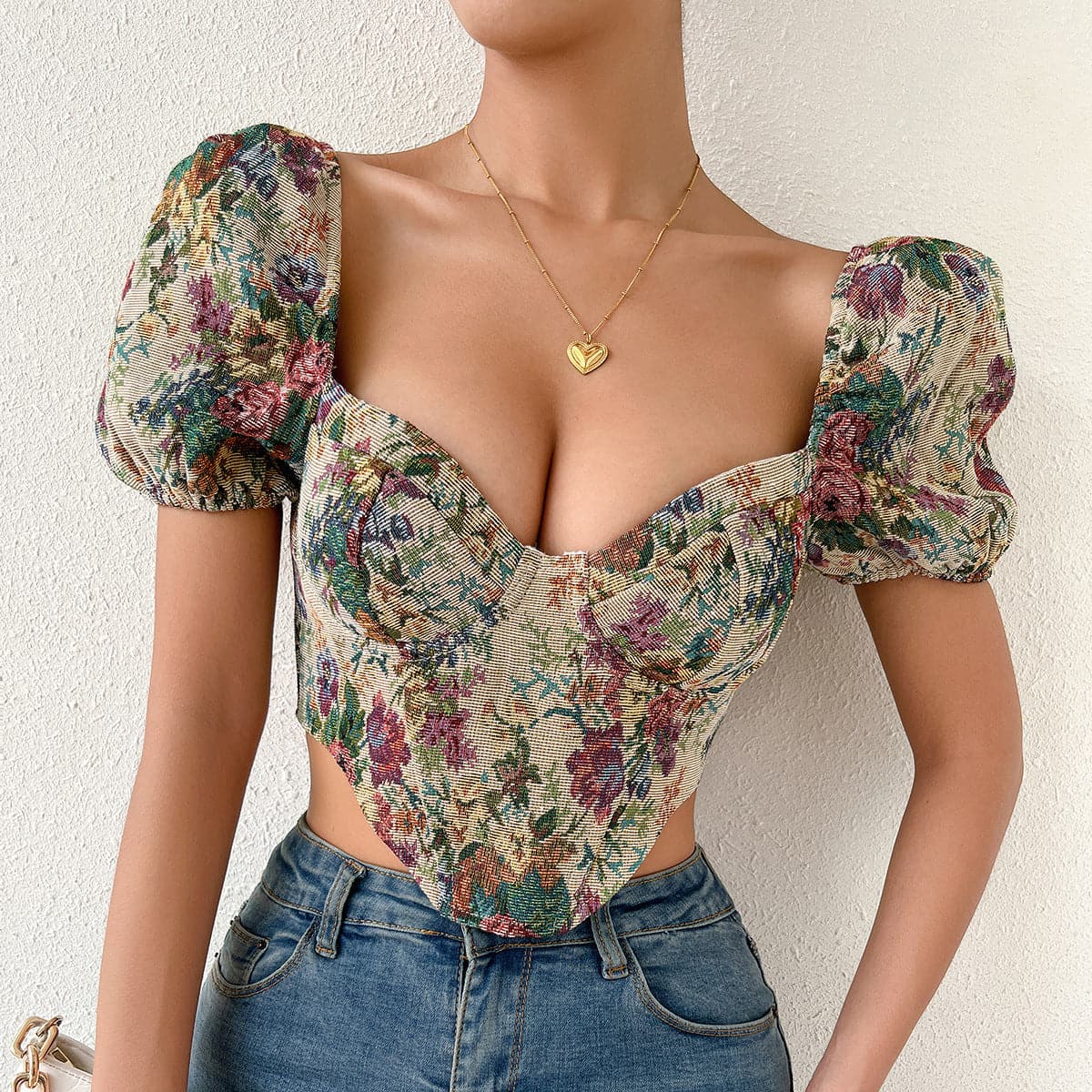 Vintage Bloom Tapestry Floral Bustier Crop Top with Puff Sleeves - Fall 2025 Collection
