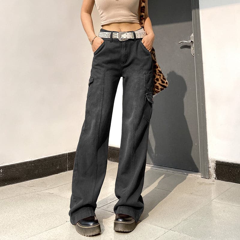 Fall Trend: Women's High-Rise Baggy Cargo Jeans - Y2K Faded Denim