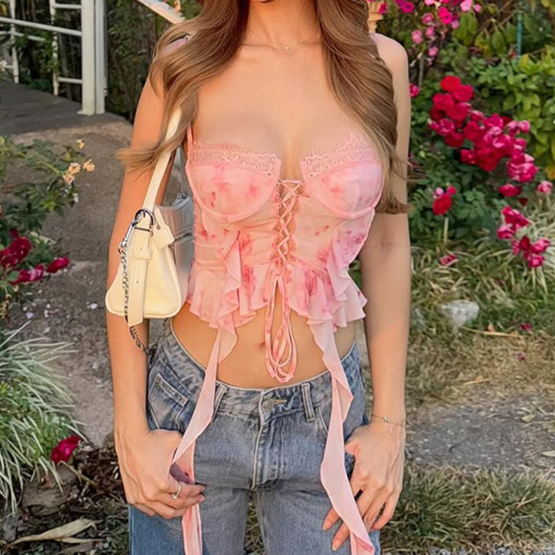 Pink Rose Ruffle Lace-Up Cami Top - Dreamy Y2K Floral Crop for Resort & Spring Vacays