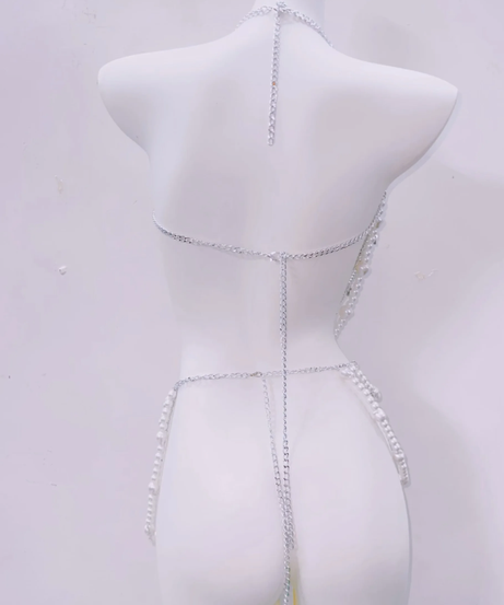 Glam Goddess Pearl & Silver Body Chain Harness - Dazzle for Halloween, Festivals & NYE!