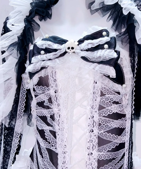 Gothic Glam Skeleton Ribcage Lace Bodysuit – Spooky Chic Halloween Ruffle Flare Sleeve Top