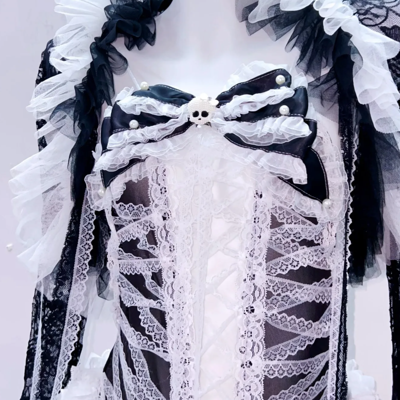 Gothic Glam Skeleton Ribcage Lace Bodysuit – Spooky Chic Halloween Ruffle Flare Sleeve Top