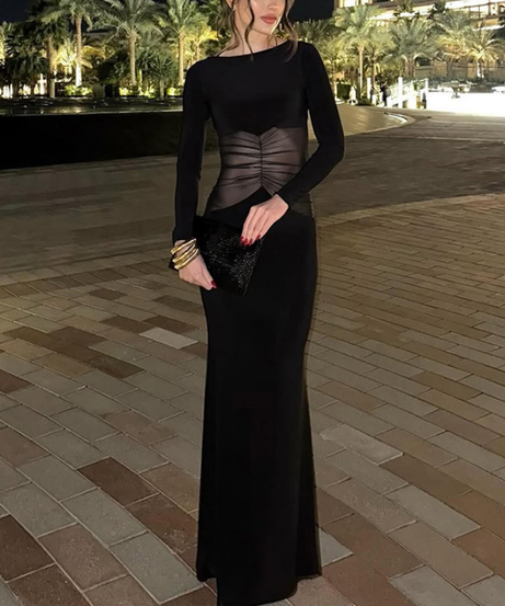 The Enchanting Black Ruched Mesh Maxi Dress - Your Fall & Holiday Event Staple