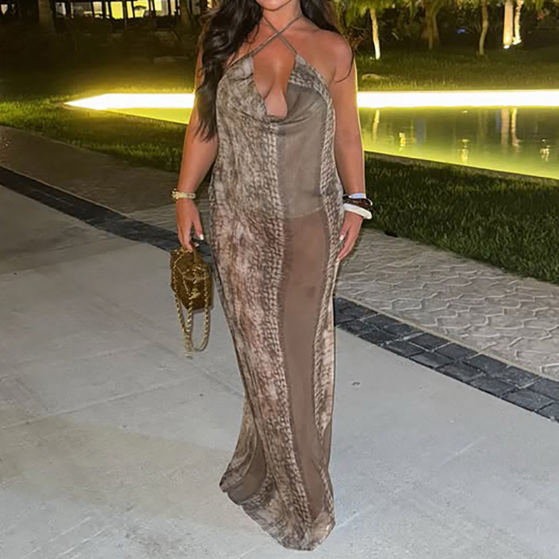 Exotic Allure: Serpent Print Cowl Neck Halter Maxi Dress with Sheer Panel – Your Fall & Winter Getaway Essential