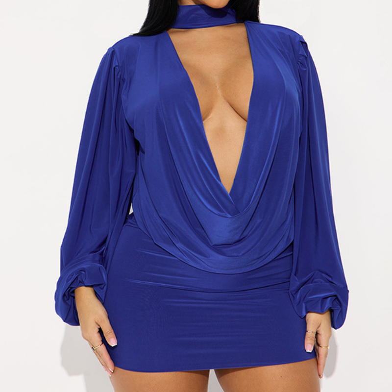 Chic Black Mock Neck Deep V Mini Dress | Long Sleeve Holiday Party & Date Night Essential