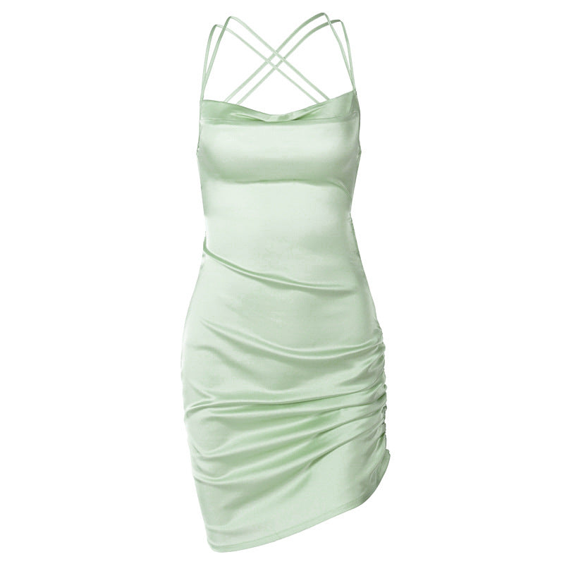 Chic Sage Green Satin Cowl Neck Backless Mini Dress - Ruched for Fall & Holiday Parties