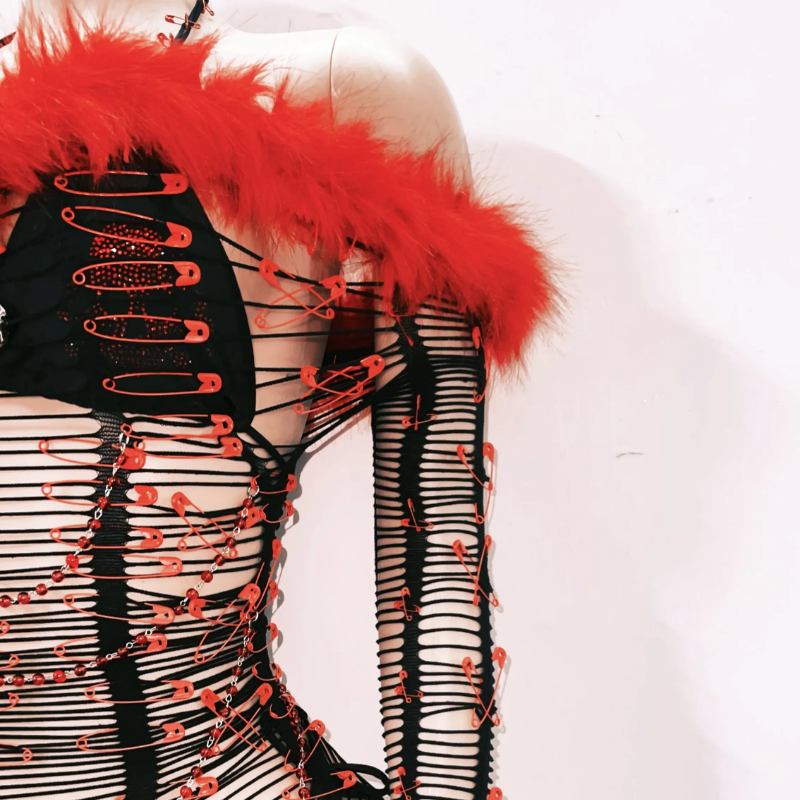 Ignite the Night: Red & Black Skull Faux Fur Cut-Out Mini Dress - Ultimate Halloween & Rave Statement