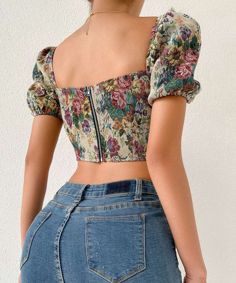 Vintage Bloom Tapestry Floral Bustier Crop Top with Puff Sleeves - Fall 2025 Collection