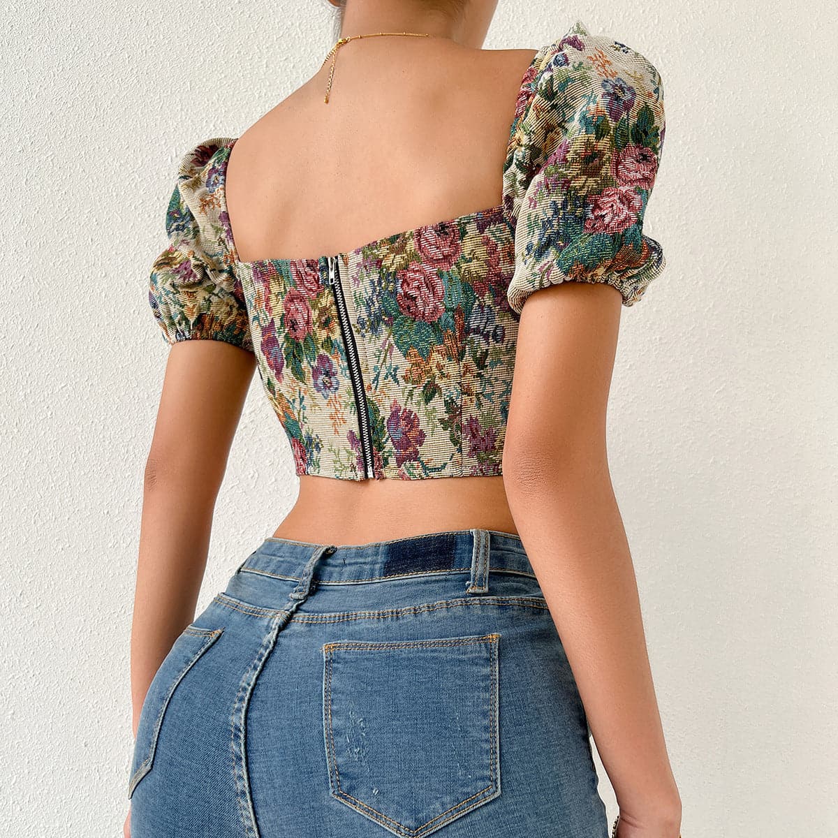 Vintage Bloom Tapestry Floral Bustier Crop Top with Puff Sleeves - Fall 2025 Collection