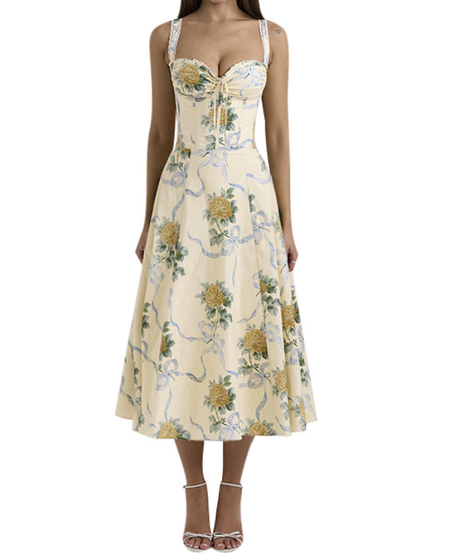 Romantic Floral & Ribbon Midi Dress - Dreamy Drawstring Cami for Vacation & Escape