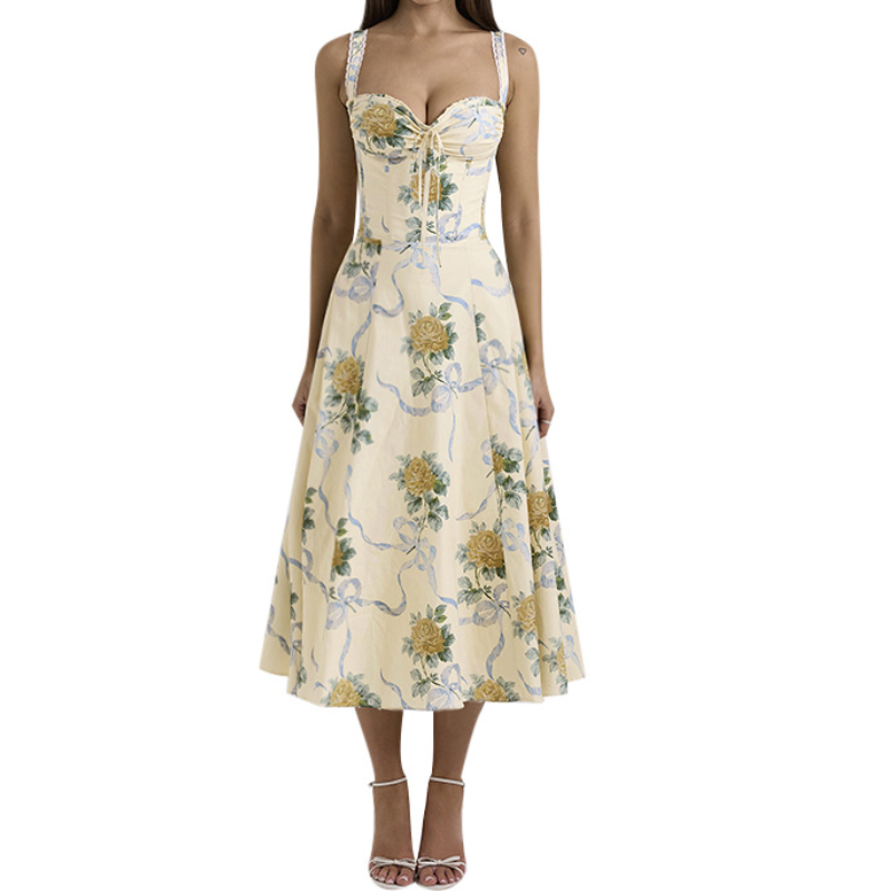 Romantic Floral & Ribbon Midi Dress - Dreamy Drawstring Cami for Vacation & Escape