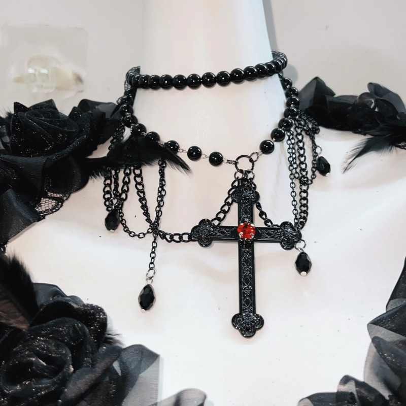 Bewitching Gothic Romance Lace Mini Dress Set - Dramatic Flared Sleeves & Red Accents for Halloween & Fall