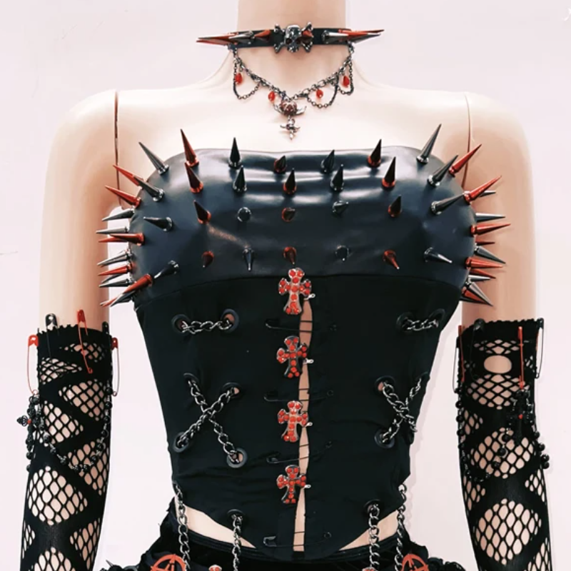 Unleash Your Edge: Spiked Gothic Punk Corset Top - Halloween & Clubwear