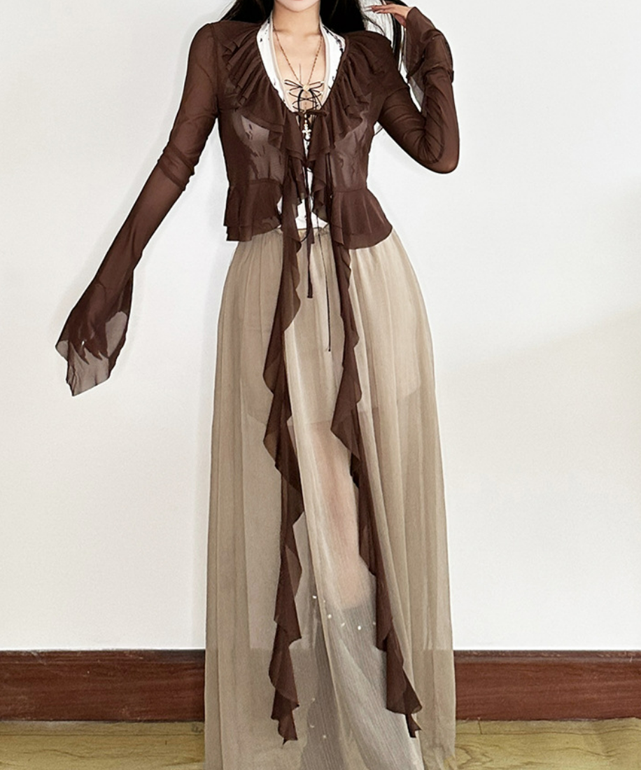 Enchanting Autumn Romance: Sheer Ruffle Bell Sleeve Top - Bohemian Layering Blouse
