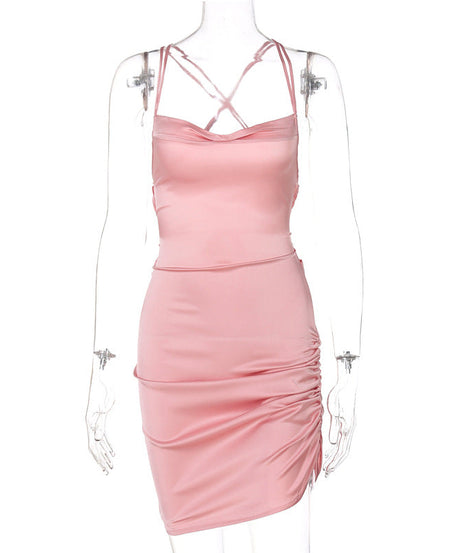 Chic Sage Green Satin Cowl Neck Backless Mini Dress - Ruched for Fall & Holiday Parties