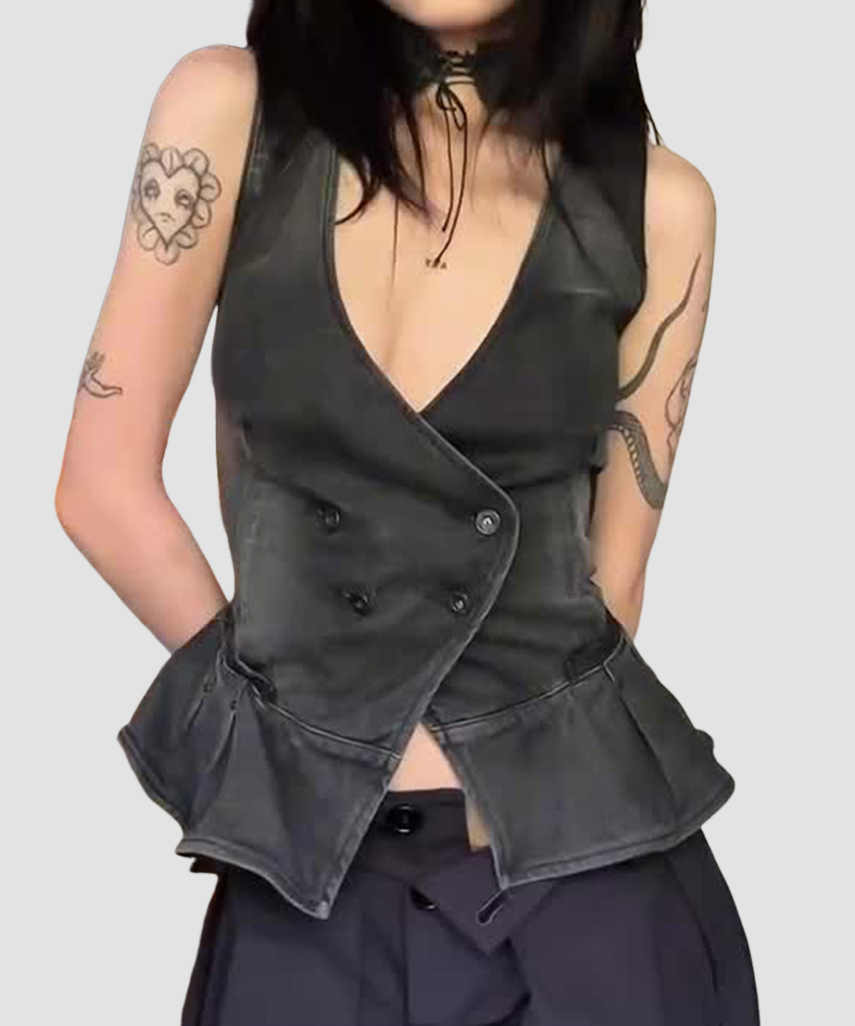 Edgy Chic Washed Black Peplum Vest Top - Deep V Denim-Look Double-Breasted for Fall Styling