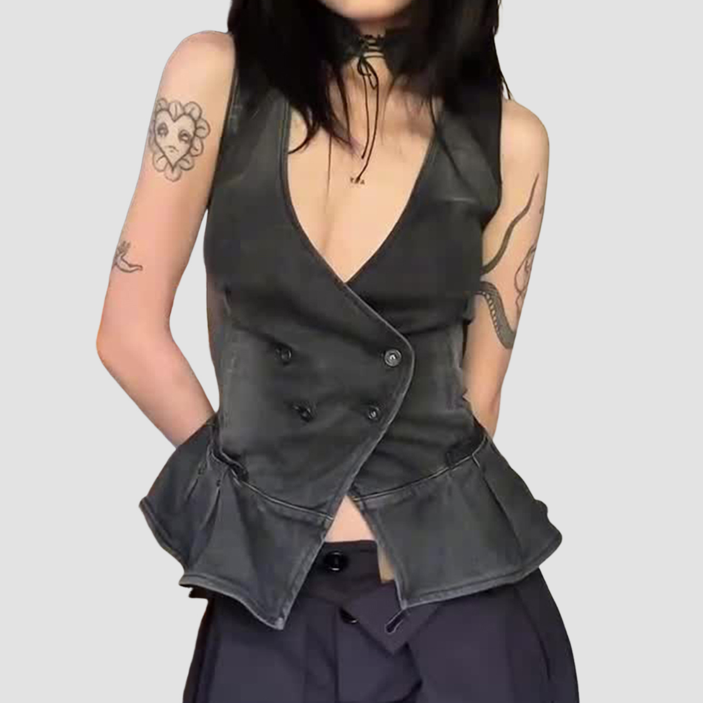 Edgy Chic Washed Black Peplum Vest Top - Deep V Denim-Look Double-Breasted for Fall Styling