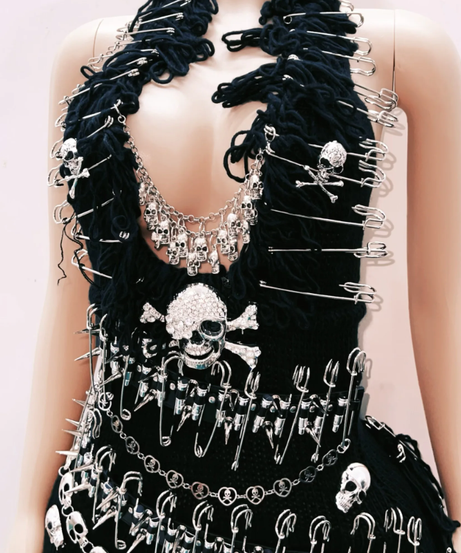 Rebel Glam Skull & Safety Pin Halter Mini Dress | Halloween Party & Goth Clubwear for Women