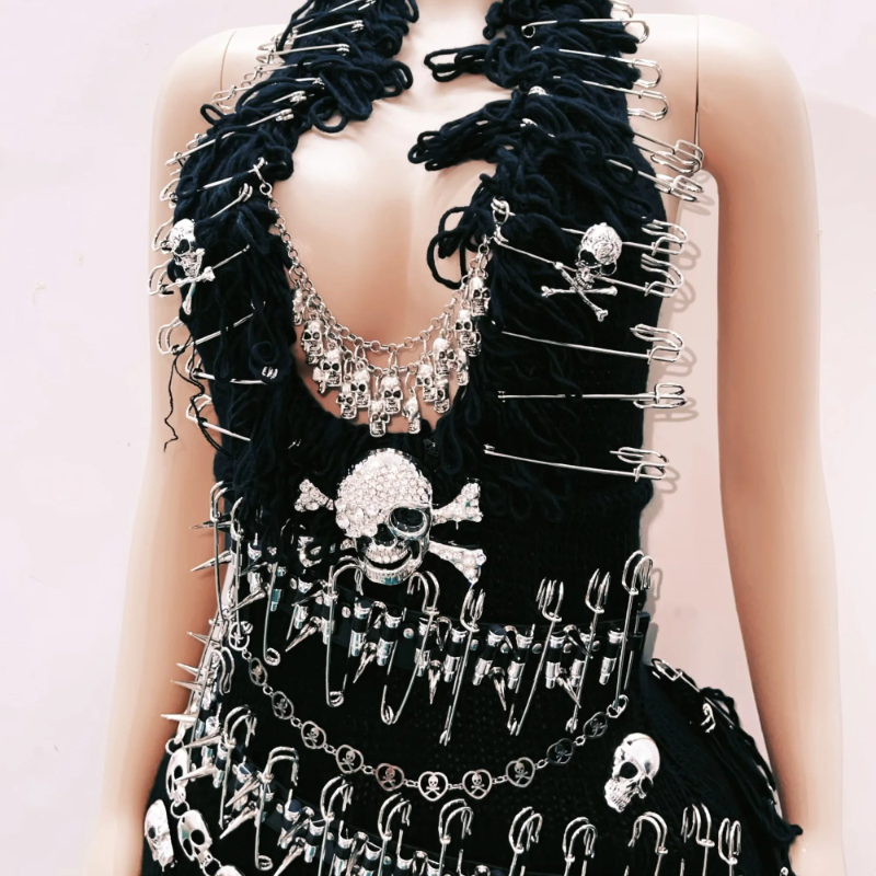 Rebel Glam Skull & Safety Pin Halter Mini Dress | Halloween Party & Goth Clubwear for Women