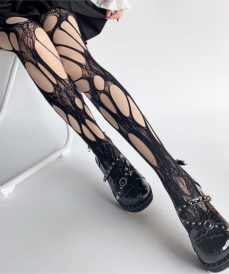 Edgy Gothcore Distressed Lace Tights | Perfect for Halloween & Fall Fashion