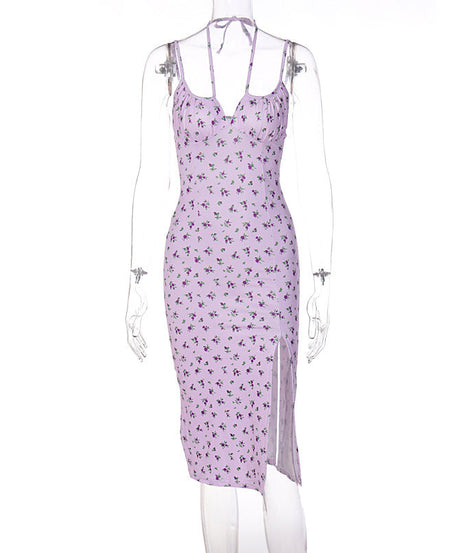 Romantic Blue Floral Midi Slip Dress with Slit - Sweetheart Neck, Perfect for Fall Dates & Resort Getaways