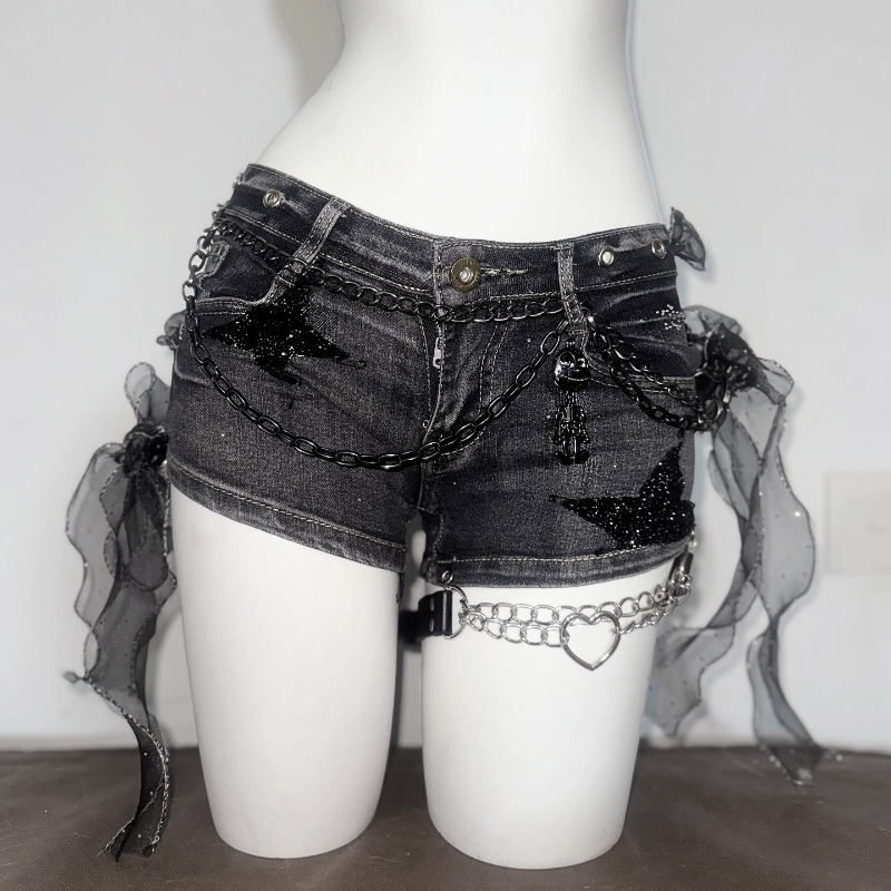 Goth Glam Star Chain Denim Shorts – Edgy Halloween & Festival Ready Alt Girl Style