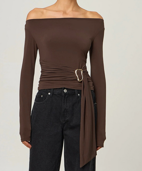 Elegant Black Off-Shoulder Ruched Top with Gold Buckle | Perfect for Fall & Holiday Glam