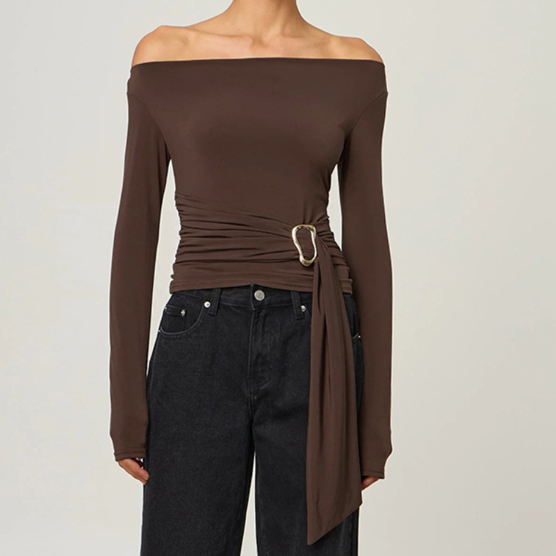 Elegant Black Off-Shoulder Ruched Top with Gold Buckle | Perfect for Fall & Holiday Glam