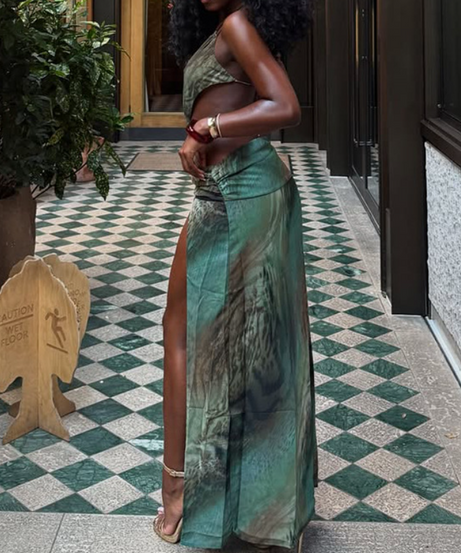 Tropical Oasis Cutout Maxi Dress - Deep V & High Slits for Your Fall Getaway