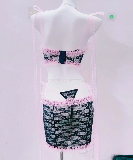 Sultry Pink & Black Lace Lingerie Set | Playful Bowknot Cami Skirt & Sheer Cape | Halloween & Fall Romance