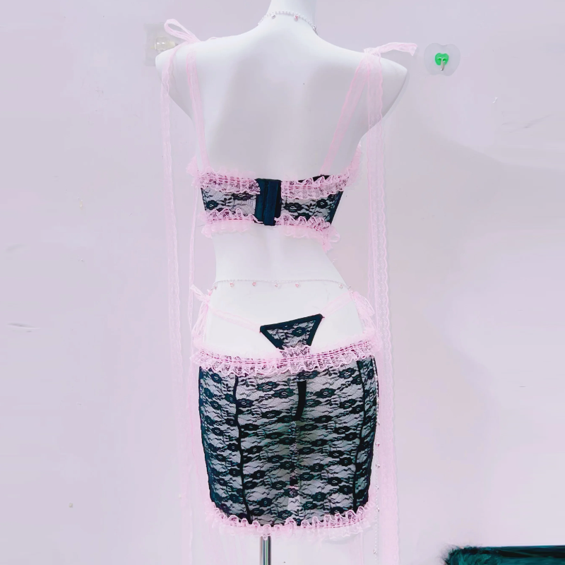 Sultry Pink & Black Lace Lingerie Set | Playful Bowknot Cami Skirt & Sheer Cape | Halloween & Fall Romance